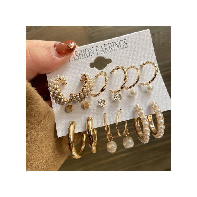 Set Of 9 Hoops , Studs & Pearl Earring Set